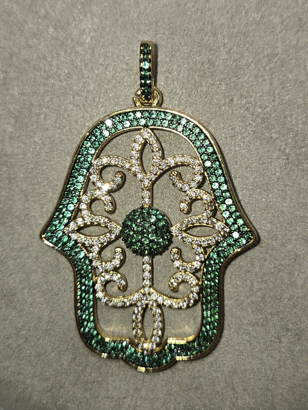 Freida Rothman "Vault" 14k Gold Over Brass Hamsa Pendant with Green & Clear CZs